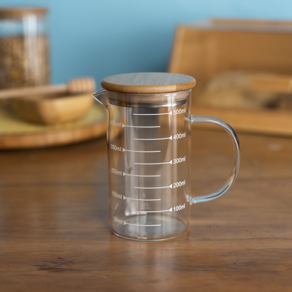 Detalhes do Jarra de vidro com medida e tampa de bambu 500ml - Oikos
