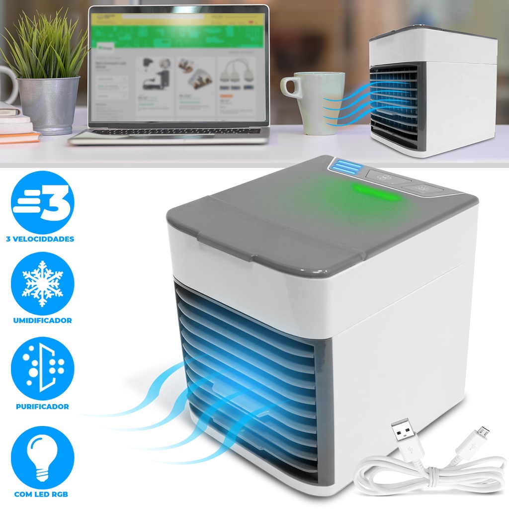 Mini Ar Condicionado Portatil 3 em 1 Umidifica Purifica Climatizador Casa Trabalho