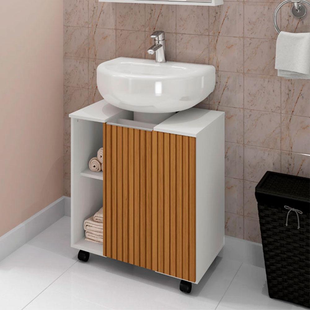 Gabinete Armario Banheiro Para Pia de Coluna Pequin Cor Branco Efeito Ripa - Home & Living