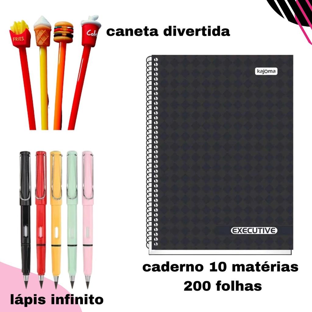 Caderno Universitario + Caneta Divertida + Lapis Infinito Estudar Volta as Aulas Material Escolar Escrever Anotacoes Textos