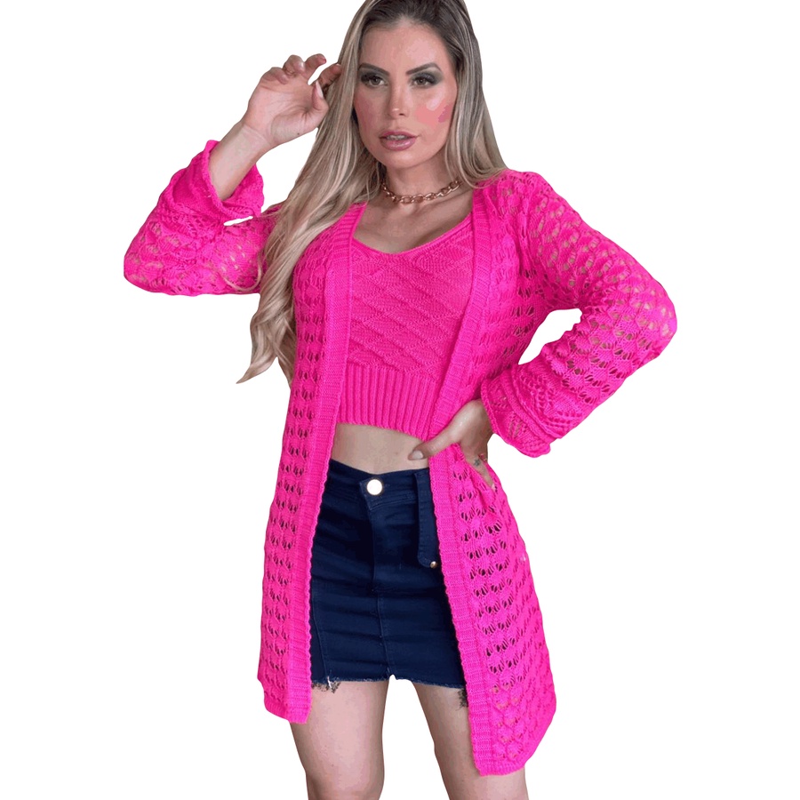 Conjunto Cardigan e Croped Rendado Tricot Moda Blogueira Kimono Top