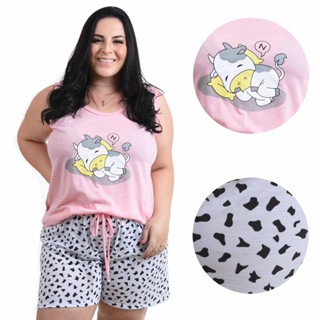 Pijama Feminino Plus Size Baby Doll Plus Camiseta Verão Fresquinho Lindo Rosa