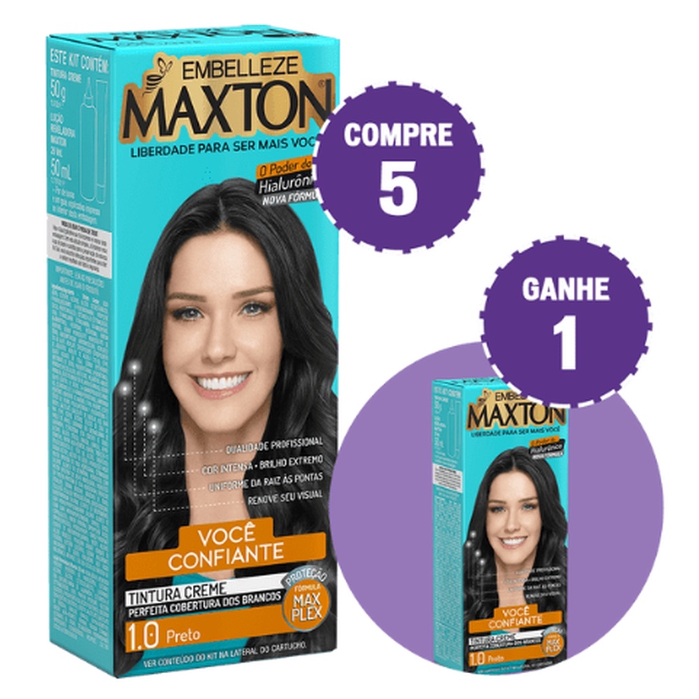 KIT COMPRE 5 TINTA DE CABELO MAXTON MORENA +CONFIANTE PRETO 1.0 E GANHE 1