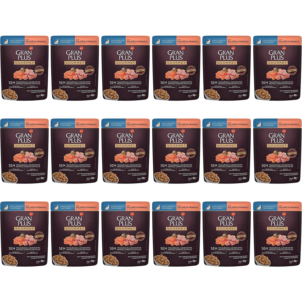 Caixa 18un Ração Úmida Sachê GranPlus Gourmet Gatos Castrados Salmão e Frango 85g em Oferta na Shopee