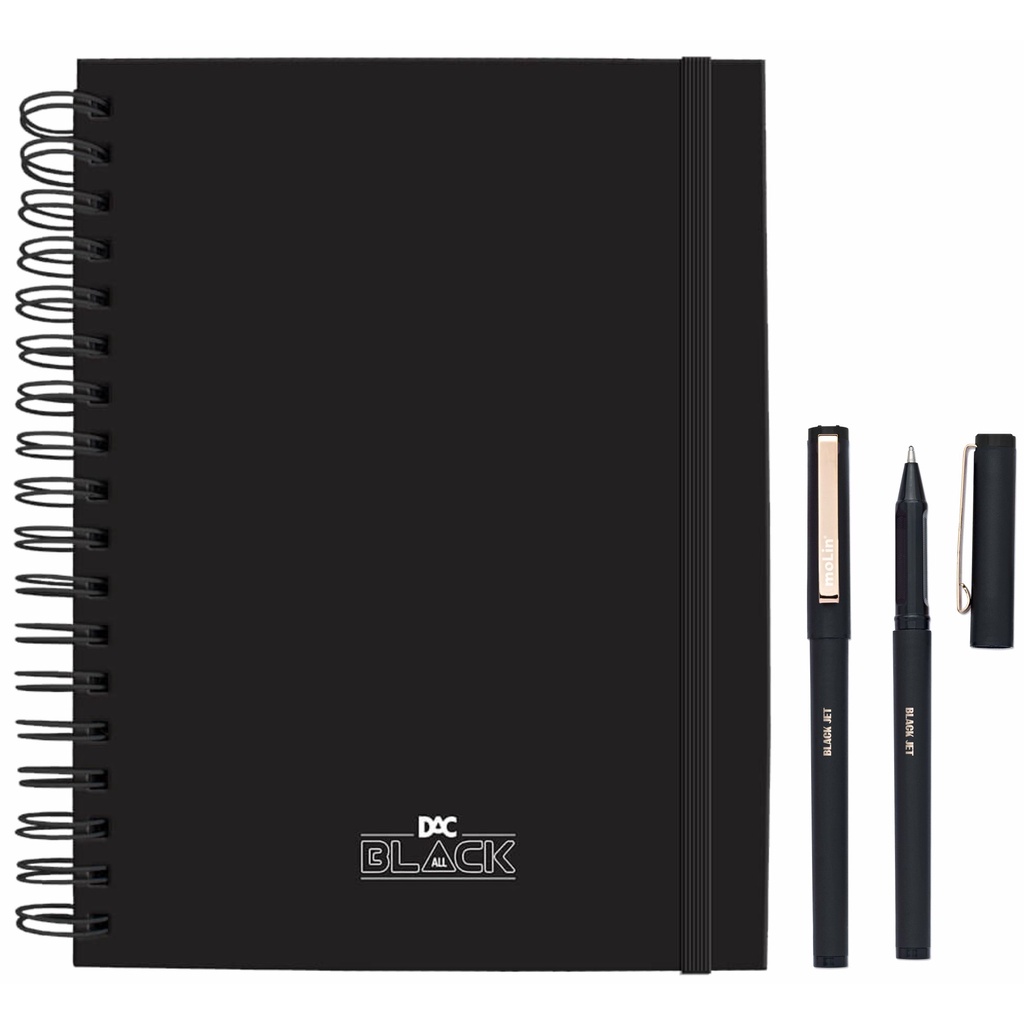 Kit DAC Material Escolar Escritório Caderno Universitário All Black Tira e Põe + Caneta Black Jet Preta