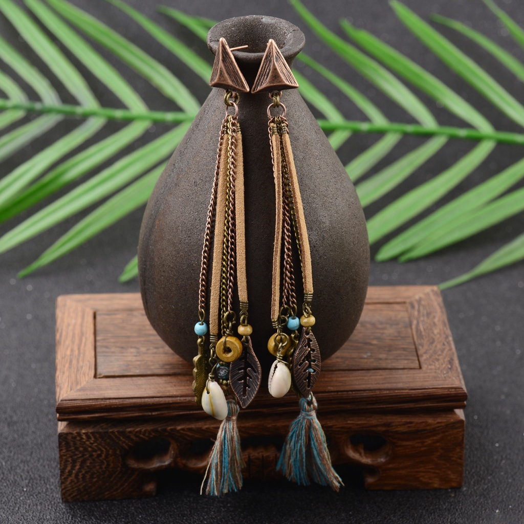Boêmia Pedras Étnicas Capa De Madeira Franja Brincos Para Mulheres Meninas Vintage Verde Marrom Couro Longo Tassel Joias