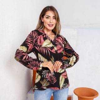 Aishty Camisa Feminina Manga Longa Estampada Folhagem