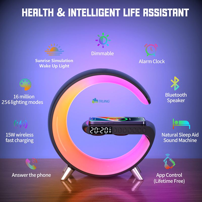 N69 Carregador Multifuncional Sem Fio De 15W RGB Estação De Carregamento De Luz Noturna Relógio De Alarme De Mesa Controle APP Para IPhone Samsung