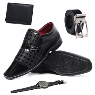 Kit Sapato Social Moderno Masculino Moda Evangelica Com Cinto Carteira e Relogio Analogico