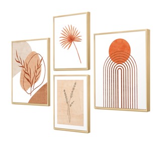Kit 4 Quadros Decorativos Boho Rose Abstrato Formas Ramos Minimalista