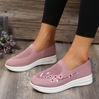 Sapatos Redondos Femininos Bordados Tamanho Grande De Cano Baixo Simples Malha Voadora Mocassins Preguiçosos