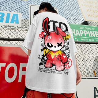 2023 Moda Coelho Mecânico Rosa Camiseta Estampada Masculina Gola Redonda Manga Curta Hip Hop Camisa De Rua Preto Branco Grande Blusa