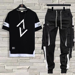 Moda Homem Preto Calça De Carga + Conjunto Com Camiseta Manga Curta E Estilo Hip Hop