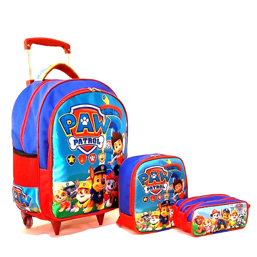 Kit Mochila Infantil Escolar De Rodinhas Turma Da Patrulha Canina Tam G + Lancheira E Estojo Duplo B2