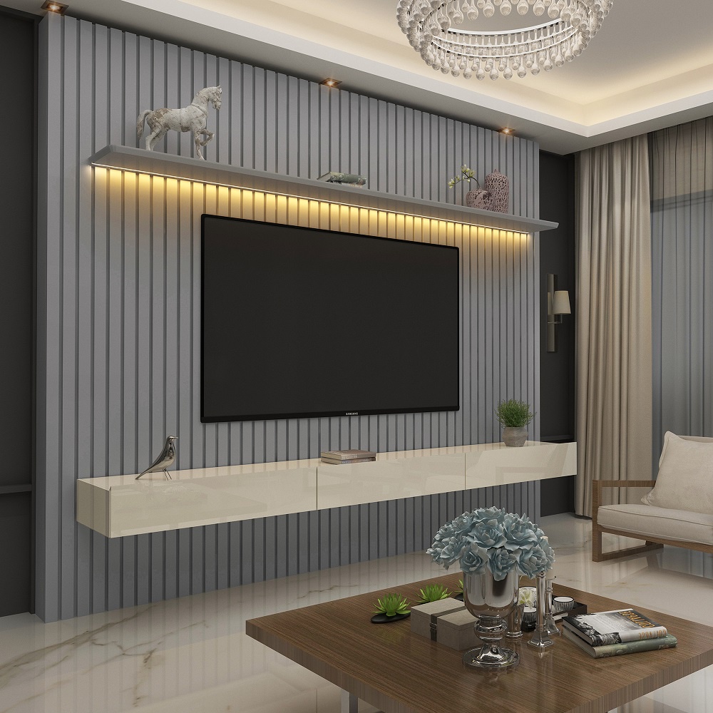 Home para TV Ripado com LED Nobre 230 Cinza Off White - Gelius - Home & Living
