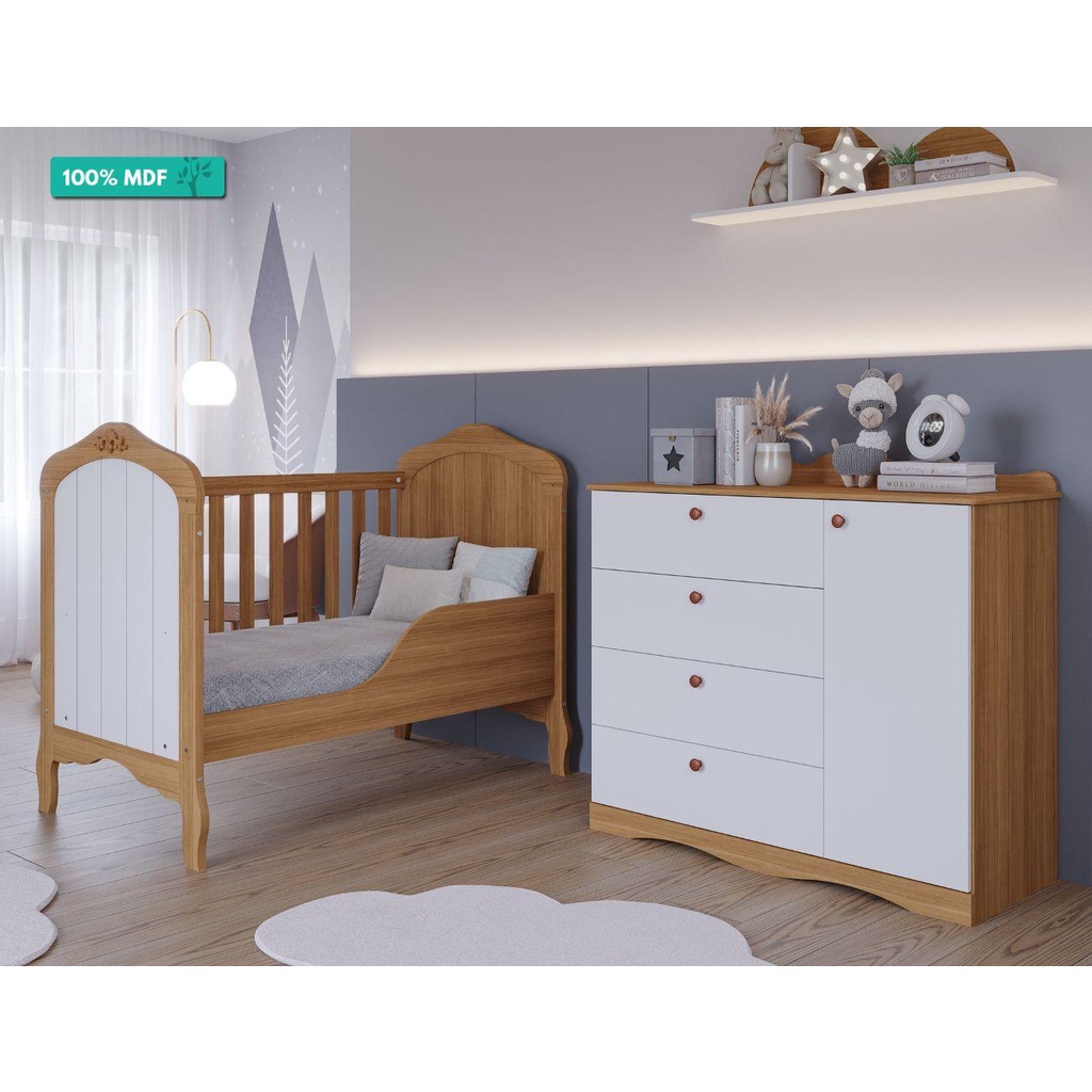 Quarto de Bebê com Berço Mini Cama Harmonia e Cômoda 1 Prt 4 Gavetas Encanto Permobili Nature/Branco
