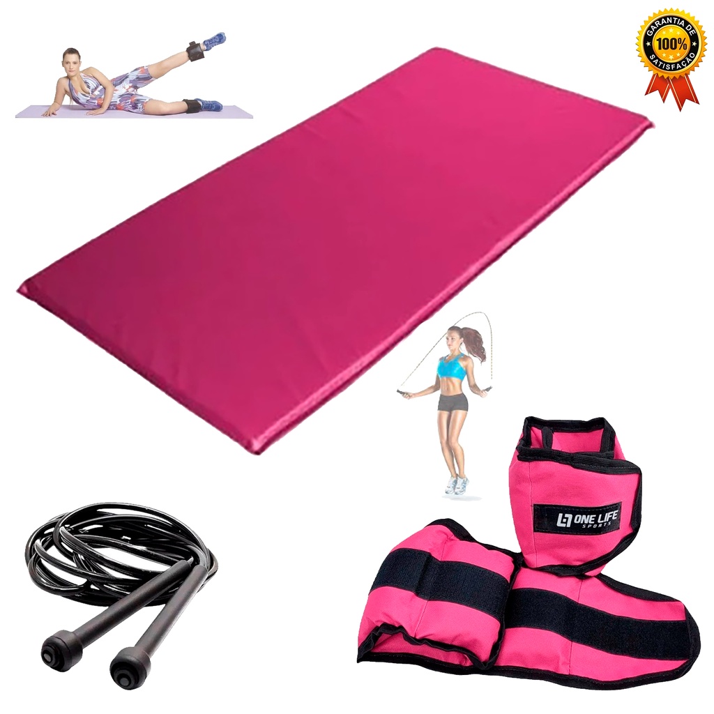 Kit Treino em Casa Rosa - Colchonete + Corda+ Caneleira 3kg