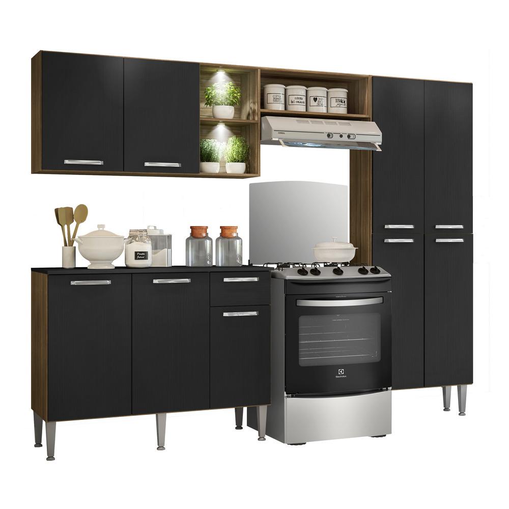 Cozinha Completa Compacta c/ 2 Leds, Armário e Balcão c/ Tampo 3 pç Pequim Multimóveis Madeirado/Pto