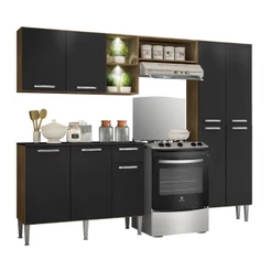 Cozinha Completa Compacta c/ 2 Leds, Armário e Balcão c/ Tampo 3 pç Pequim Multimóveis Madeirado/Pto