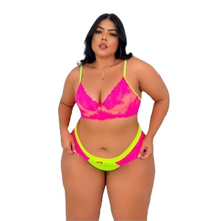 Conjunto Lingerie Sexy Plus Size Neon Bicolor com Aro - Escorrega