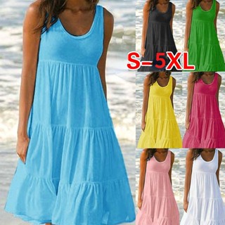Plus Size Vestido De Verão Feminino Casual Sem Mangas Cor Sólida O Pescoço S-5XL