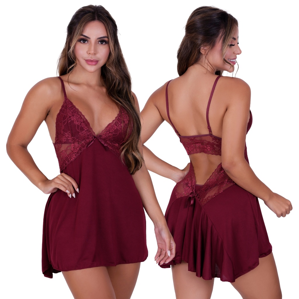 Camisola Com Calcinha Feminina Sexy de Renda e Microfibra Sensual sem Bojo