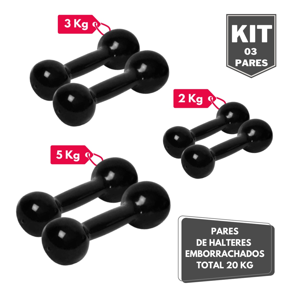 Kit Par Halter Bola Emborrachado 2 3 e 5 Kg - Total 20 Kg