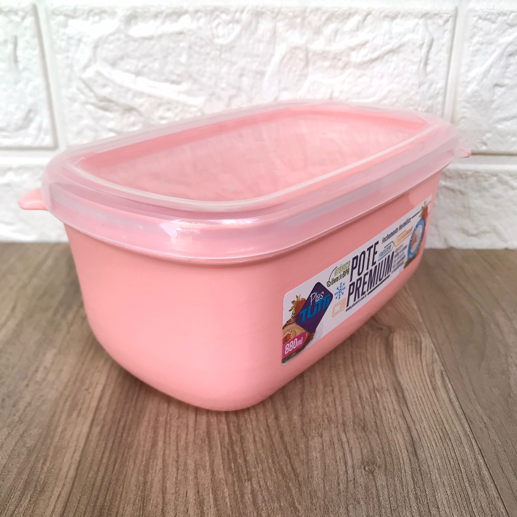 Pote Cozinha Potinho 880ml Plastico Rosa Tampa Hermetica Retangular