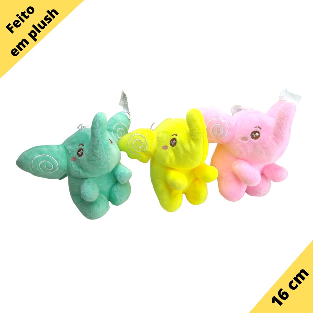 Elefante de Pelúcia Fofinho Plush 16cm de altura 3 Cores
