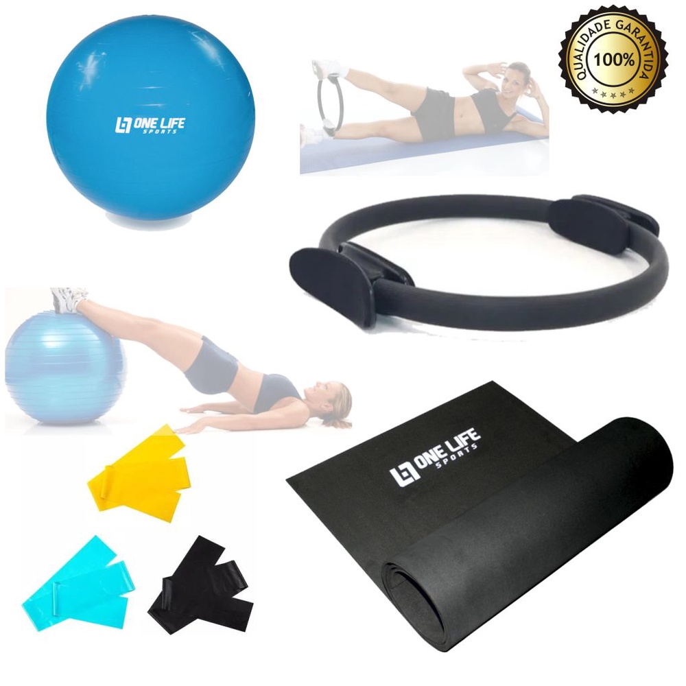 Kit Yoga Pilates Funcional C/ 6 Itens Bola 55 CM Thera Band 1,2MT Anel Tapete em EVA 1,2mt