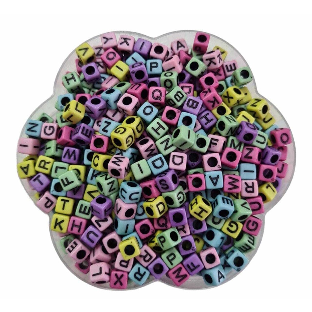 Miçanga Cubo de Letras - Cores Candy com Preto - 6x6mm - 100g