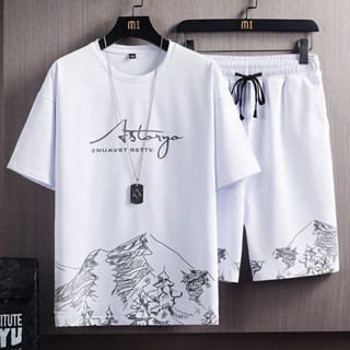 Camiseta De Manga Curta Estampa De Verão Masculina Moda Elegante Em Forma Grande Esportiva Conjunto De Duas Peças