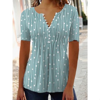 Primavera Verão Novo Estilo Gola V Estampada Polka Dot Manga Curta Casual Senhoras Temperamento Moda Feminina Pullover Top 2023