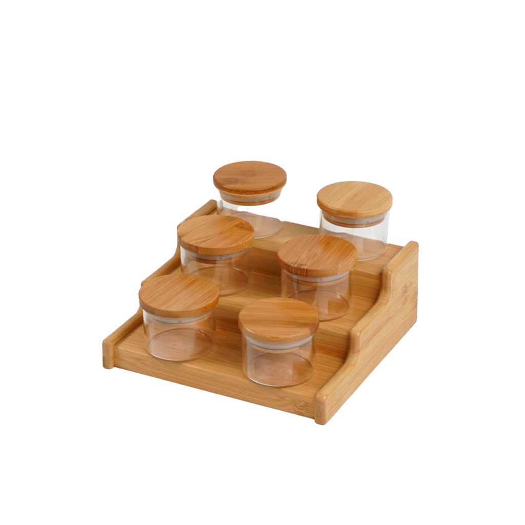 Kit 6 potes de vidro herméticos 110ml com tampa de bambu e rack organizador de bambu - Oikos - Home & Living