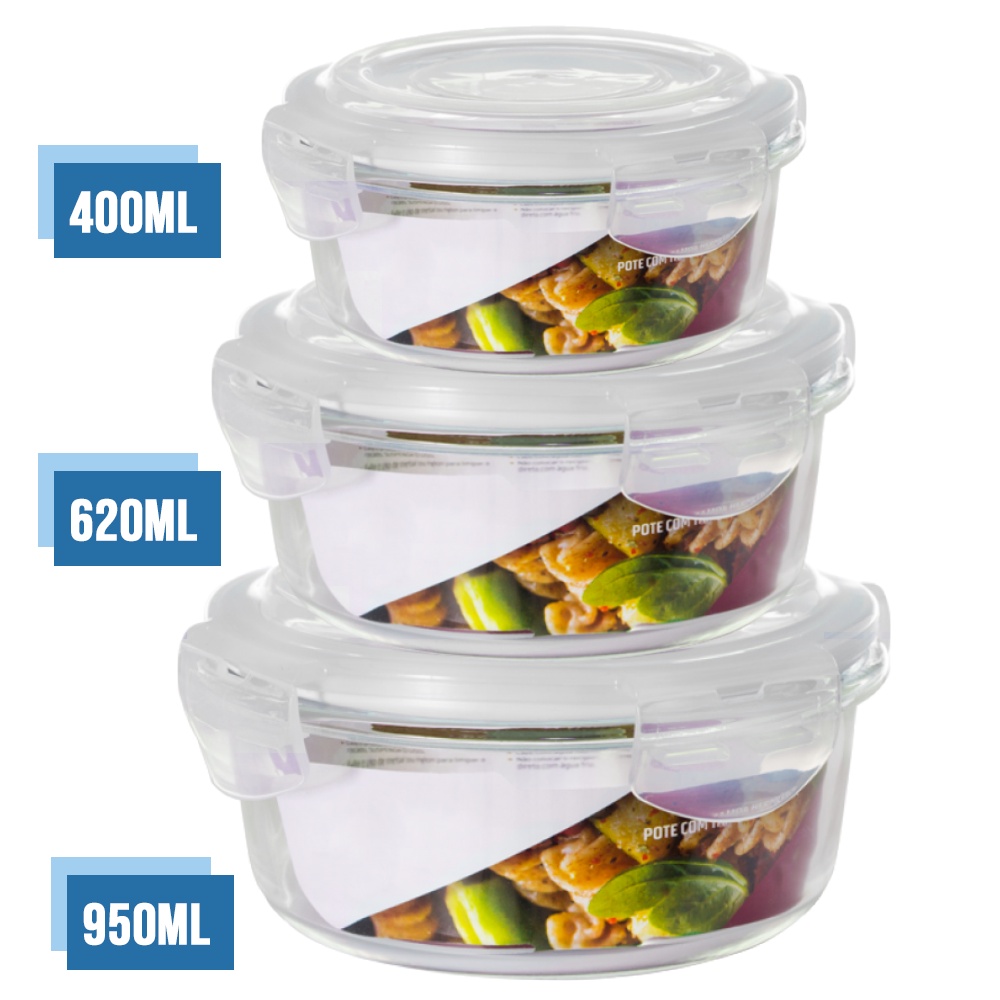 Conjunto 3 Tamanhos Pote Hermético Vidro Kit Redondo