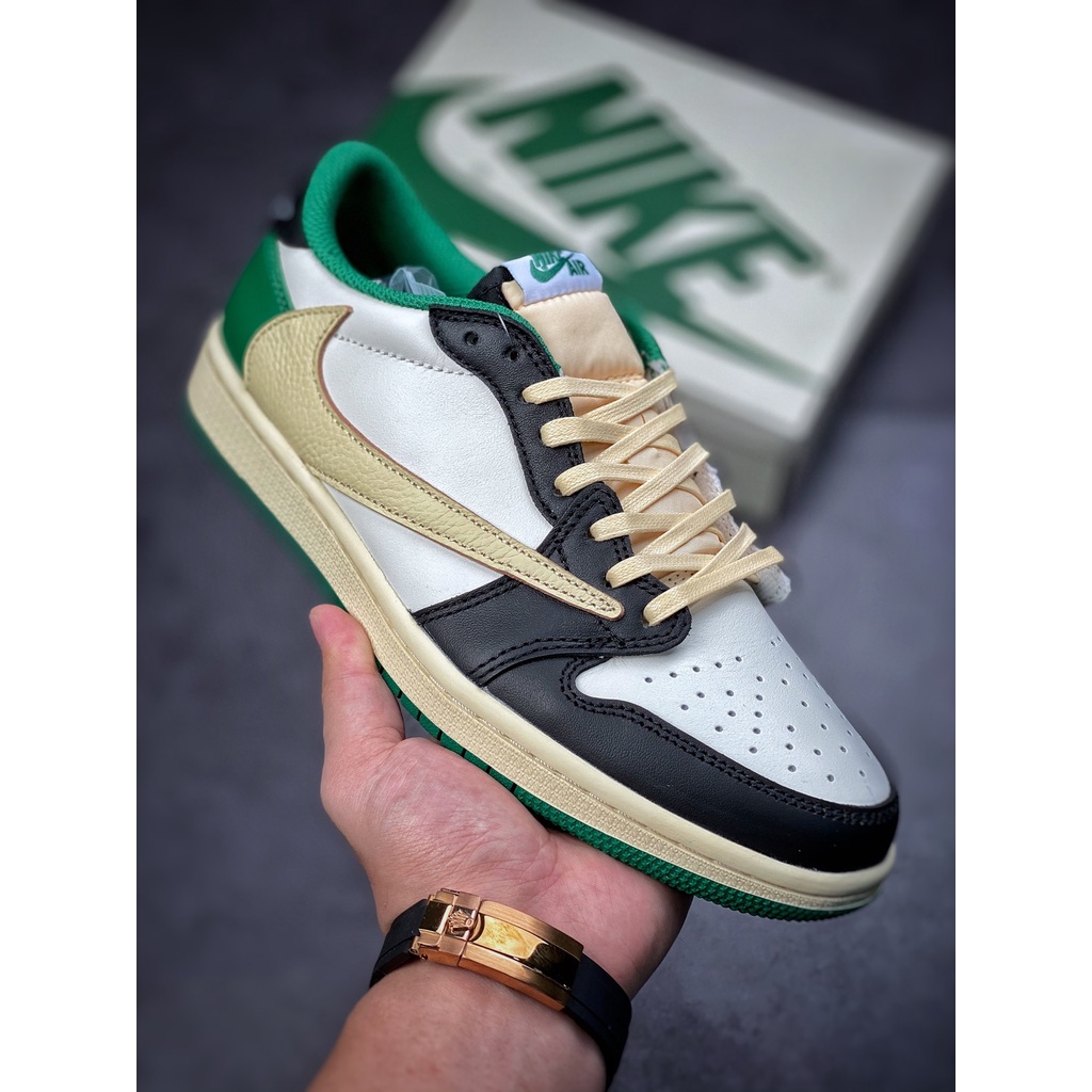 Design de Fragmento x Travis Scott x Nike Air Jordan 1 Low OG SP "Preto/Verde Casual Tênis Esportivo"