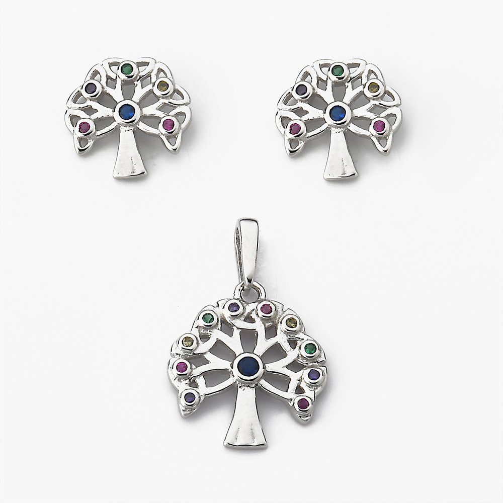 Conjunto Brinco E Pingente Arvore Da Vida Com Zircônias Colorida