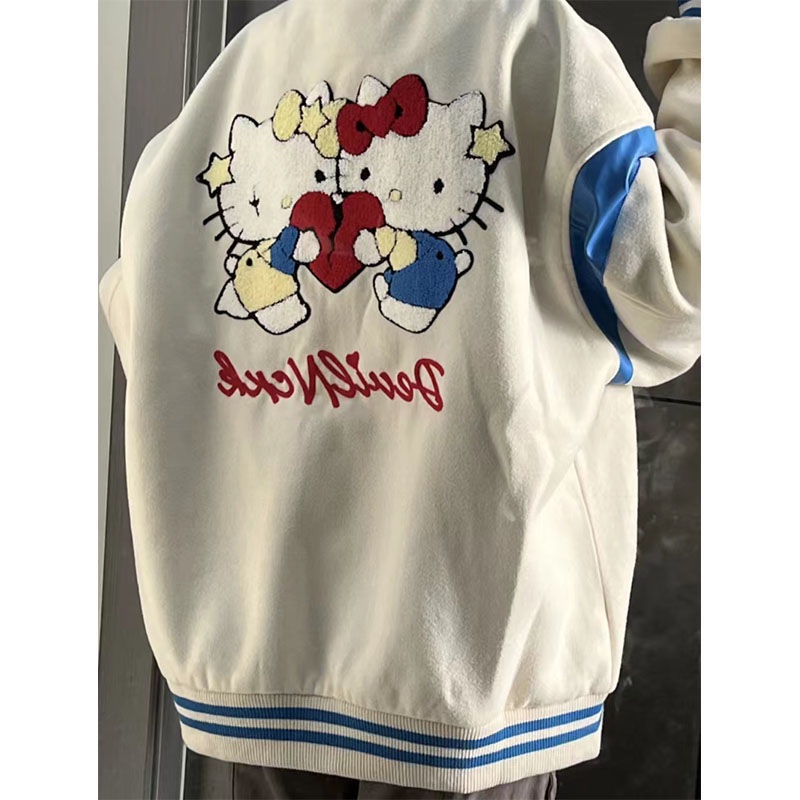 Jaqueta De Baseball Com Costuras Estilo Preppy HelloKitty Cat Uniforme Feminino Estudante Outono Inverno Solto Casual Moda