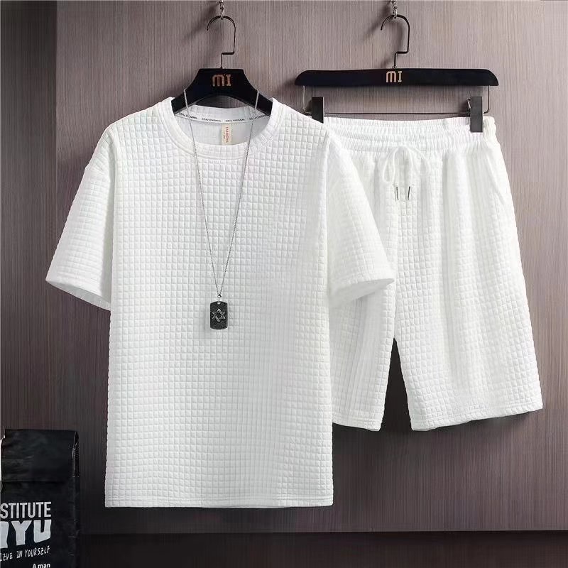 Camiseta Masculina E Feminina Comum De Manga Curta Waffle De Malha Shorts Preto Branco Top Calças