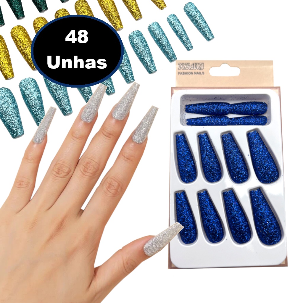 Kit 48 Unha Postica Bailarina Realista Decorada Com Glitter | Shopee Brasil