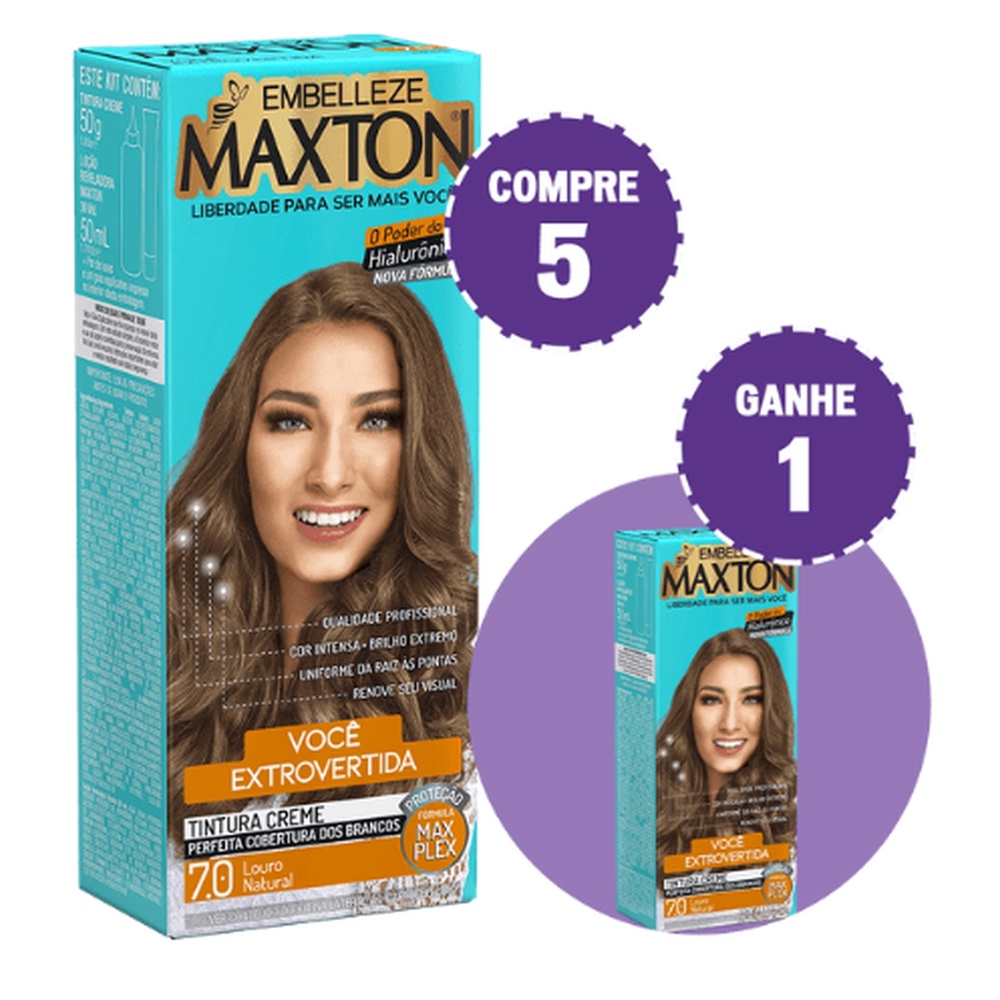 KIT COMPRE 5 TINTA DE CABELO MAXTON LOURA +EXTROVERTIDA LOURO NATURAL 7.0 E GANHE 1