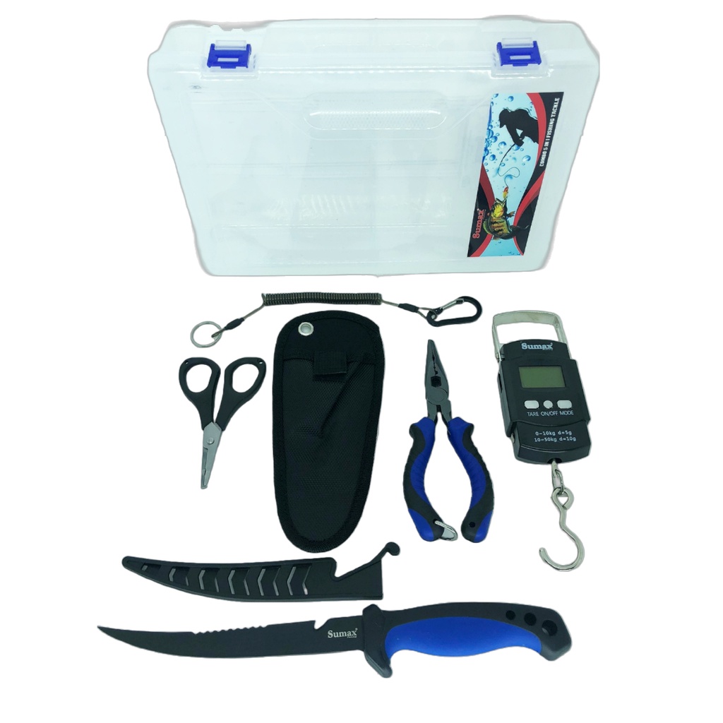 KIT DE PESCA SUMAX SU 2210 - ALICATE - BALANÇA - FACA FILETAR - TESOURA E ESTOJO C/ 5 PEÇAS