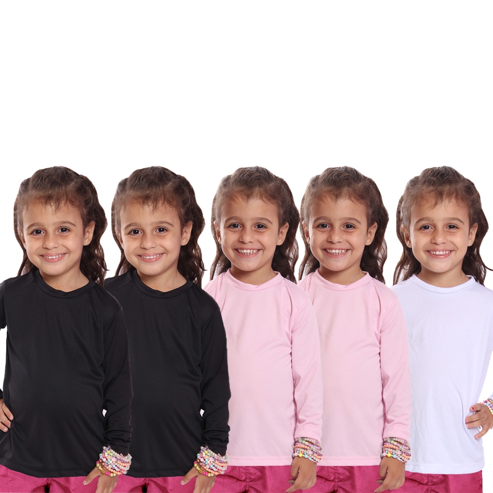 Kit 5 Camisetas Infantil Menina Proteção UV Térmica Solar Manga Longa Camisa Praia Esporte