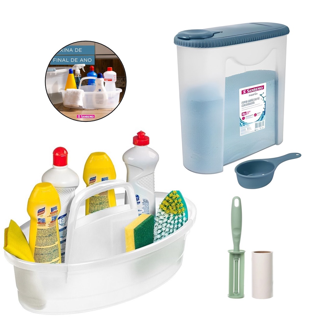Kit Balaio Cesto Oval 6l Porta Sabão Em Pó 1Kg Dosador Rolo Adesivo Plástico Casa Lavanderia Sanremo