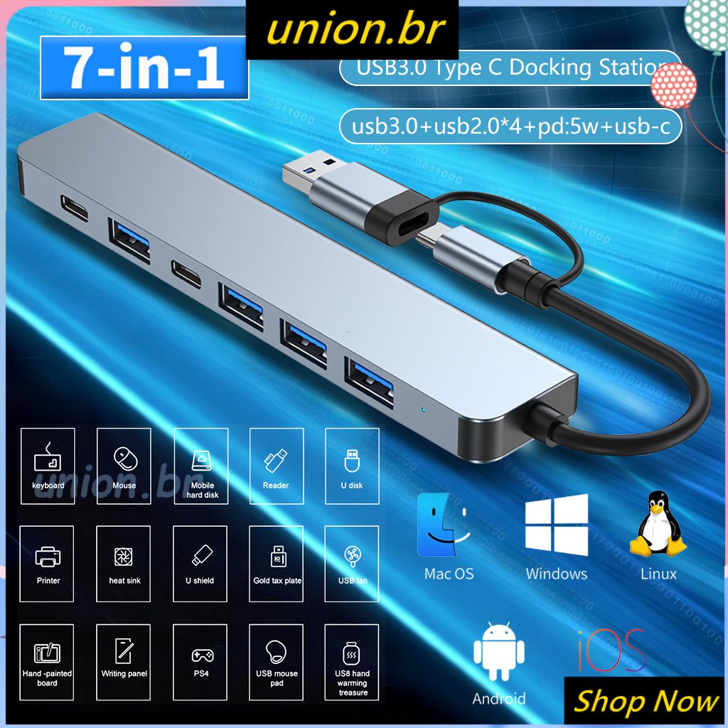 2023 4/5/7 Portas USB3.0 Tipo C Estação De Ancoragem USB 2.0 Hub PD TF Card 3.0 Multifuncional Multiporta Adaptadora Slim Portátil Durável De Dados Para IOS/Android