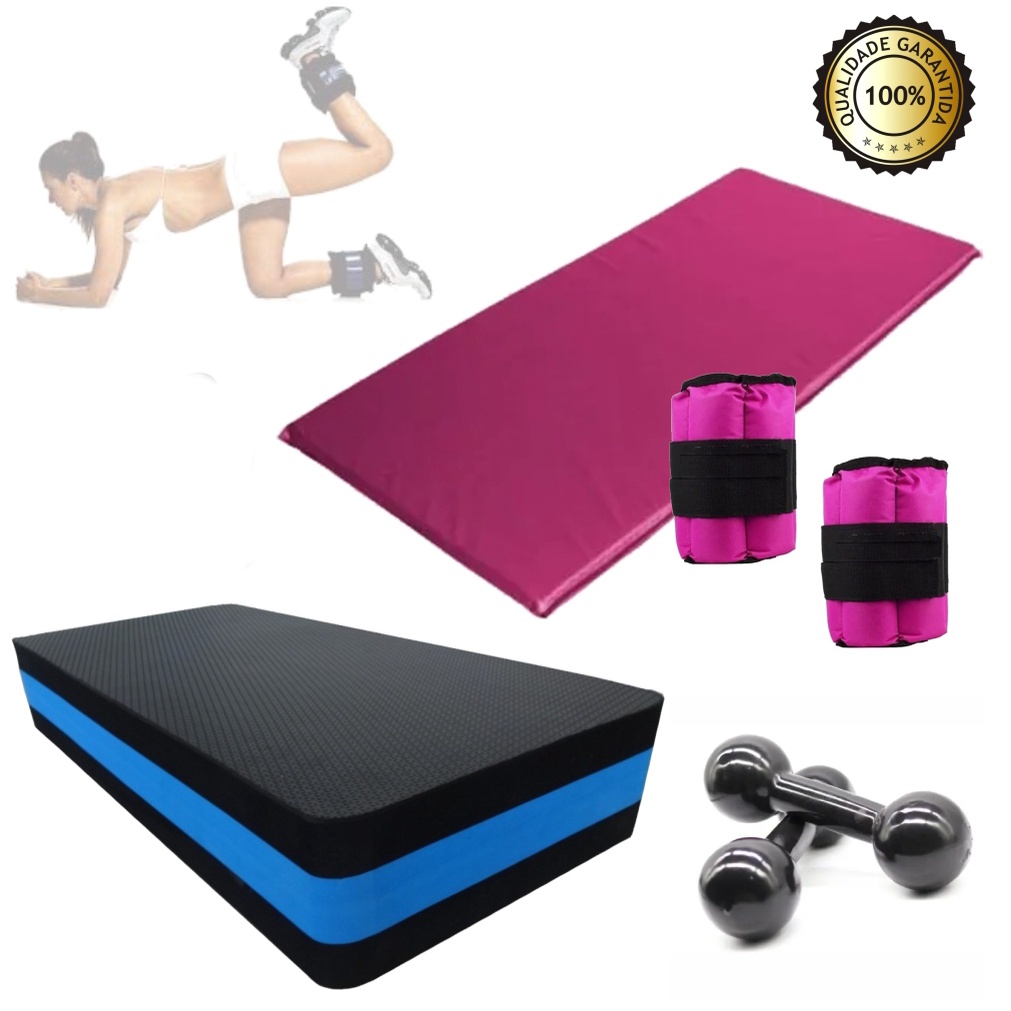 Kit funcional Rosa =  Caneleira 2 Kg Rosa + Step + Halter 2kg + Colchonete Rosa