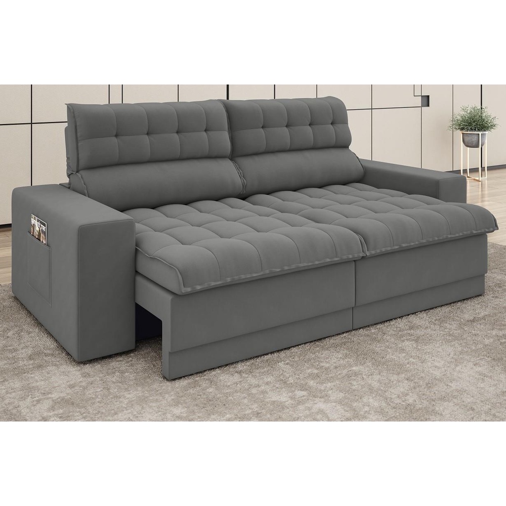 Sofá Omega 2,00m Assento Retrátil e Reclinável Velosuede Grafite - NETSOFAS - Home & Living