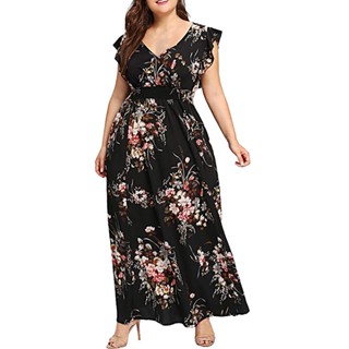 Vestido Maxi Feminino Casual Plus Size Boho Beach Plissado Sem Mangas Festa Floral De Verão Vestidos Longos
