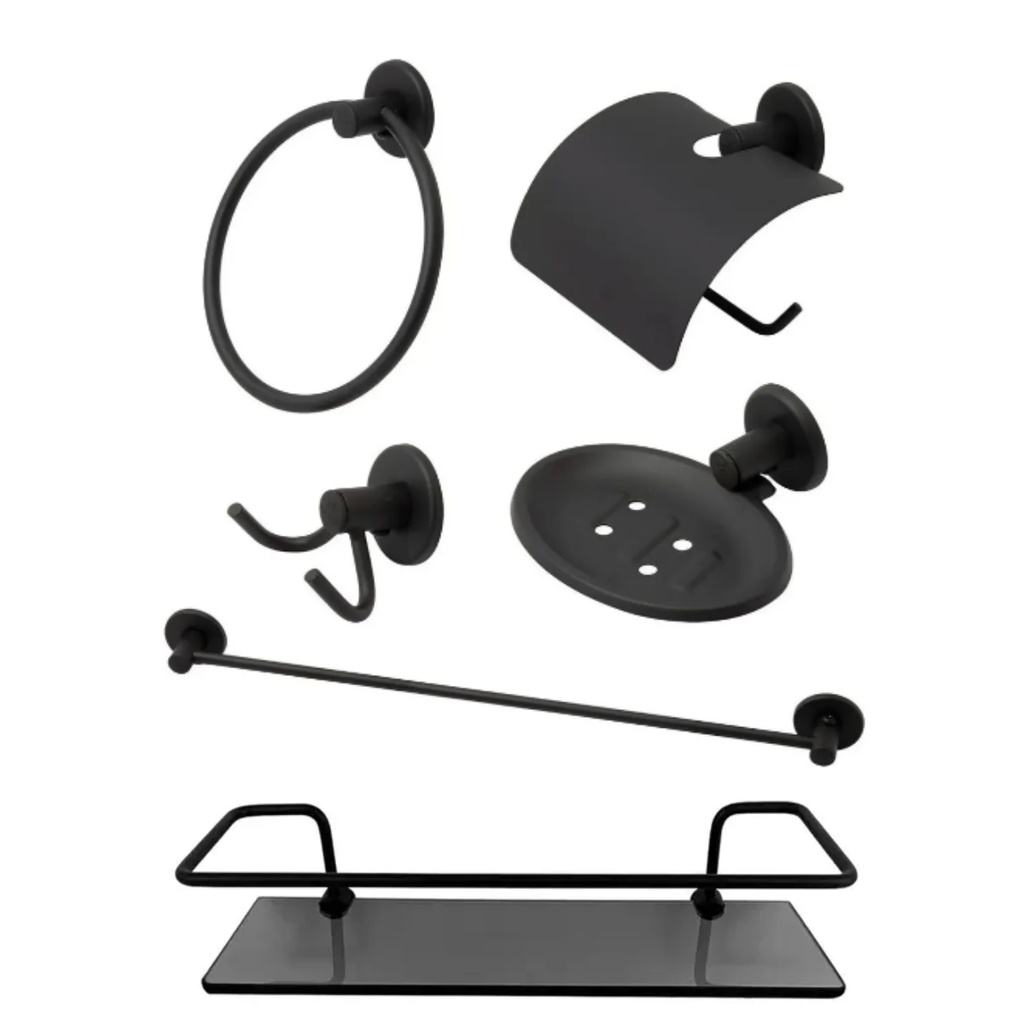 Kit Acessório Banheiro Preto 5 Peças + Porta Shampoo Reto