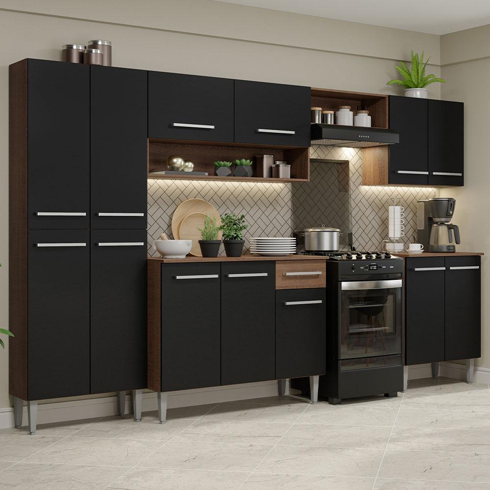 Armário de Cozinha Completa Madesa Emilly 293001 com Balcão e Paneleiro - Rustic/Preto - Home & Living